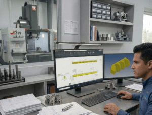 Operador industrial utilizando software CAD/CAM para diseño y programación de mecanizado CNC