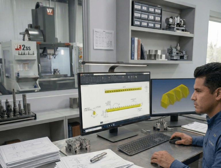 Operador industrial utilizando software CAD/CAM para diseño y programación de mecanizado CNC