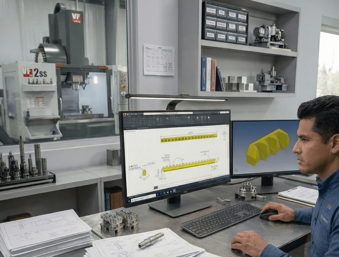 Operador industrial utilizando software CAD/CAM para diseño y programación de mecanizado CNC